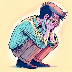 両手で顔を覆ってしゃがみ込んで泣いている人物のカラフルなイラスト。 / A colorful illustration of a person crouching and crying with their face covered by both hands.