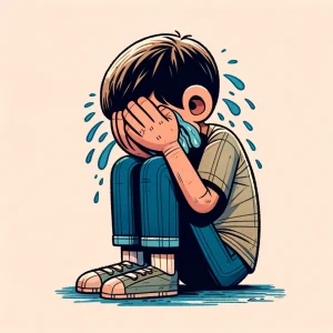 水色の背景に、両手で顔を覆って膝を抱えて泣いている人物のイラスト。 / An illustration of a person sitting and crying with their face in their hands against a light blue background.