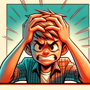 怒った表情で両手で頭を押さえている人物のカラフルなイラスト。 / A colorful illustration of a person pressing their head with both hands and looking angry.