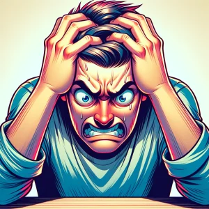机に肘をつき、怒りの表情で両手で頭を掴んでいる男性のイラスト。 / An illustration of a man with an angry expression, gripping his head with both hands at a desk.