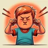 怒った表情で耳の穴を指で強く塞いでいる子供のイラスト。 / An illustration of a child angrily plugging their ears with their fingers.