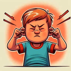 怒った表情で耳の穴を指で強く塞いでいる子供のイラスト。 / An illustration of a child angrily plugging their ears with their fingers.