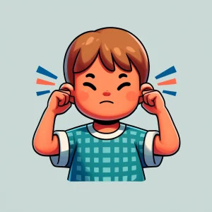 困ったような表情で耳を指で押さえている子供のイラスト。 / An illustration of a child with a troubled look, pressing their ears with their fingers.