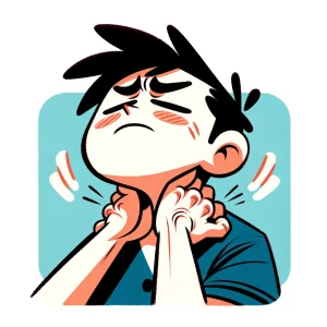 痛そうな表情で両手を首の後ろに当ててマッサージしている人物のイラスト。 / An illustration of a person grimacing while massaging the back of their neck with both hands.
