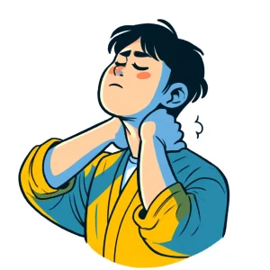 黄色い服を着た人物が不快そうな顔で首の後ろをマッサージしているイラスト。 / An illustration of a person in yellow clothing massaging their neck with a pained expression.