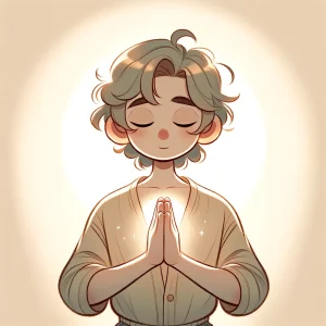 優しい光に包まれながら胸の前で手を合わせて目を閉じて祈る人物のイラスト。 / An illustration of a person surrounded by soft light, closing their eyes and praying with hands together in front of the chest.