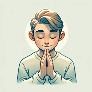 青い服を着た人物が両手を組み、落ち着いた表情で祈っているイラスト。 / An illustration of a person in blue clothing praying calmly with hands clasped.