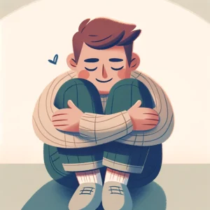 両手で膝を抱えて微笑む人物のイラスト。 / An illustration of a person smiling while sitting and hugging their knees with both hands.