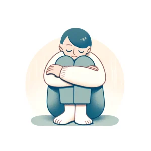 両手で膝をしっかり抱え、目を閉じて座る人物のイラスト。 / An illustration of a person sitting with eyes closed, tightly hugging their knees.