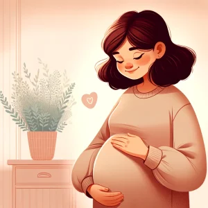 植物を背景にお腹に両手を添え、目を閉じて微笑む妊婦のイラスト。 / An illustration of a pregnant woman closing her eyes and smiling while gently holding her belly, with a plant in the background.