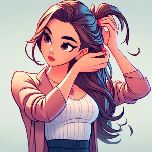 長い髪を片方に寄せて両手でまとめている女性のイラスト。 / An illustration of a woman gathering her long hair to one side with both hands.