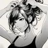 両手で髪をかき上げながら目を閉じている女性のモノクロイラスト。 / A monochrome illustration of a woman closing her eyes while brushing her hair back with both hands.