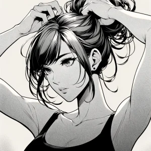 両手で髪をかき上げながら目を閉じている女性のモノクロイラスト。 / A monochrome illustration of a woman closing her eyes while brushing her hair back with both hands.