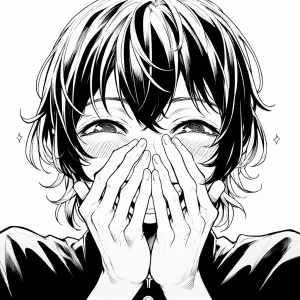 白黒の線画で、両手で口を押さえて笑っている女性のイラスト。 / A black-and-white line drawing of a woman laughing while covering her mouth with both hands.