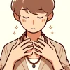 両手でネックレスを軽く押さえながら微笑んでいる人物のイラスト。 / An illustration of a person smiling while gently touching their necklace with both hands.