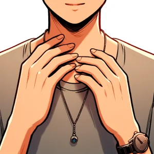 胸元のペンダントに両手を添えて見つめている人物のイラスト(アップ)。 / A close-up illustration of a person touching a pendant at their chest with both hands.