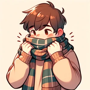 頬を赤らめながら両手でマフラーをぎゅっと押さえる人物のイラスト。 / An illustration of a person blushing and pressing a scarf tightly around their neck with both hands.