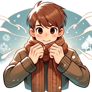 雪の中でマフラーをしっかり掴んで温まっている人物のイラスト。 / An illustration of a person grasping a scarf tightly to stay warm in the snow.
