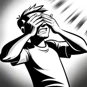 強い光に目をしかめながら両手で顔を覆っている人物のモノクロイラスト。 / A monochrome illustration of a person squinting from bright light while covering their face with both hands.