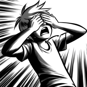 激しい光から目を守るように叫びながら目を覆っている人物のイラスト。 / An illustration of a person screaming while covering their eyes to block intense light.