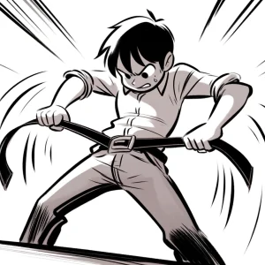 力強くベルトを引っ張って締めようとしている人物の白黒イラスト。 / A black-and-white illustration of a person pulling a belt tightly with both hands.