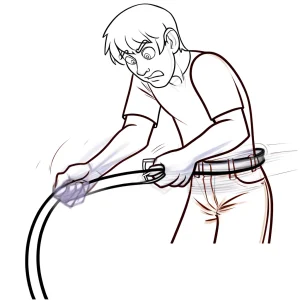 シンプルな線で描かれた、ベルトの穴に金具を通している人物のイラスト。 / A simple line drawing of a person inserting a pin into a belt hole with both hands.