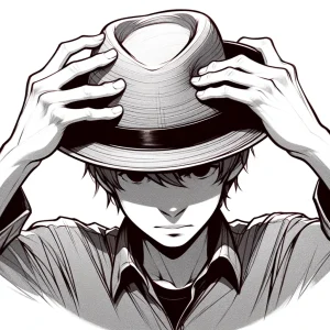 両手で帽子のつばを押さえながらうつむいて深くかぶっている人物のイラスト。 / An illustration of a person tilting their head down and pulling a hat down firmly by its brim with both hands.