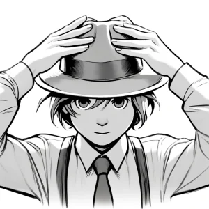 真剣な顔つきで帽子をかぶる少年のモノクロイラスト。 / A monochrome illustration of a boy seriously adjusting a hat with both hands.