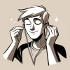 目を閉じてリラックスした表情で両耳にイヤホンを差し込んでいる人物のイラスト。 / An illustration of a person inserting earphones into both ears with a relaxed expression and closed eyes.