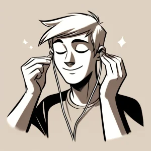 目を閉じてリラックスした表情で両耳にイヤホンを差し込んでいる人物のイラスト。 / An illustration of a person inserting earphones into both ears with a relaxed expression and closed eyes.