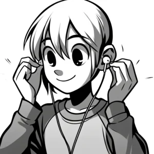 楽しげな表情でイヤホンを耳に入れているキャラクター風のイラスト。 / A character-style illustration of a person happily inserting earphones into their ears.