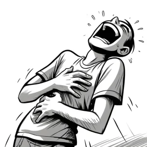 モノクロの線画で、お腹を抱えて大笑いしている人物のイラスト。 / A monochrome line drawing of a person laughing hard while holding their stomach.