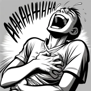 「HAHAHA」と叫びながら胸を押さえて大笑いしている人物のイラスト。 / An illustration of a person shouting “HAHAHA” while laughing and clutching their chest.