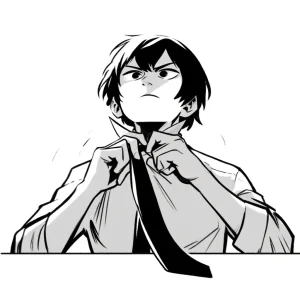 鋭い表情でネクタイを結びながら見上げている男性の白黒イラスト。 / A black-and-white illustration of a man looking upward while tying his necktie with a sharp expression.