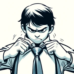 ムッとした表情でネクタイを強く締める人物のイラスト。 / An illustration of a person with a grumpy face pulling their necktie tightly with both hands.