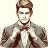目を閉じて落ち着いた表情で蝶ネクタイを整える紳士のイラスト。 / An illustration of a gentleman calmly adjusting his bow tie with his eyes closed.