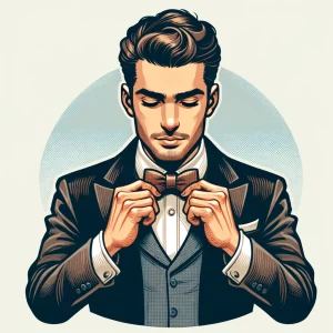 タキシード姿の男性が両手で蝶ネクタイを直しているイラスト。 / An illustration of a man in a tuxedo neatly fixing his bow tie with both hands.