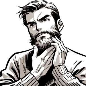 真剣な表情で長いひげを両手で撫でている男性のモノクロイラスト。 / A monochrome illustration of a man with a serious expression stroking his long beard with both hands.