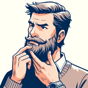 腕時計をした男性がひげを撫でながら横を見つめているイラスト。 / An illustration of a man wearing a wristwatch, gazing sideways while stroking his beard.