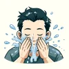 目を閉じて水しぶきを上げながら両手で顔を洗っている男性のイラスト。 / An illustration of a man washing his face with both hands while water splashes and his eyes are closed.