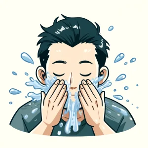 目を閉じて水しぶきを上げながら両手で顔を洗っている男性のイラスト。 / An illustration of a man washing his face with both hands while water splashes and his eyes are closed.