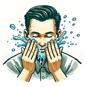 両手で顔全体を覆って水を浴びている男性のイラスト。 / An illustration of a man splashing water on his face with both hands fully covering it.