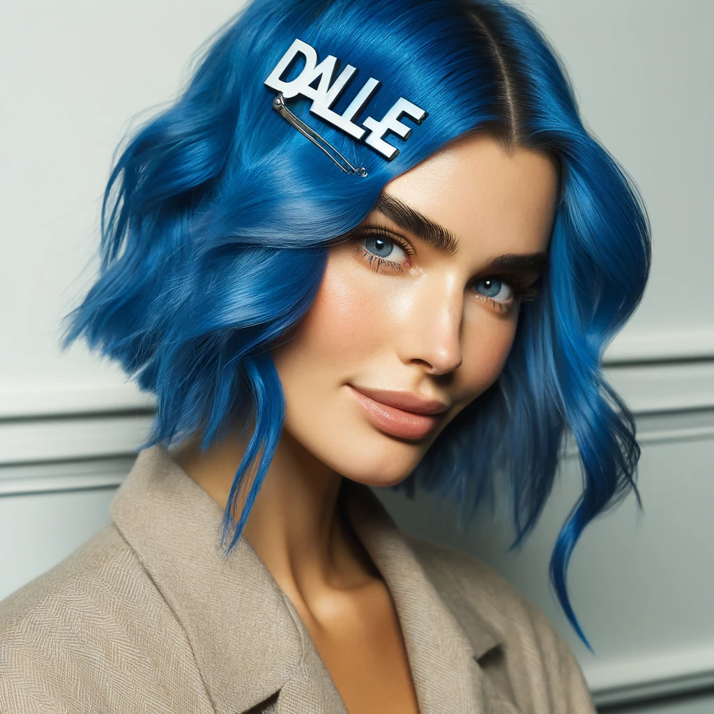 青色の髪のアクセサリーにDALL-Eと書いてあるヘアピンがついている。このような画像を生成できることを表現している。