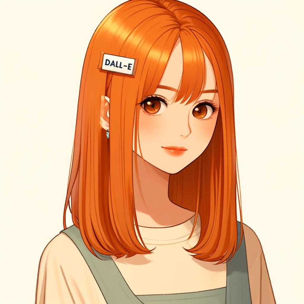 オレンジ色の髪のアクセサリーにDALL-Eと書いてあるヘアピンがついている。このような画像を生成できることを表現している。