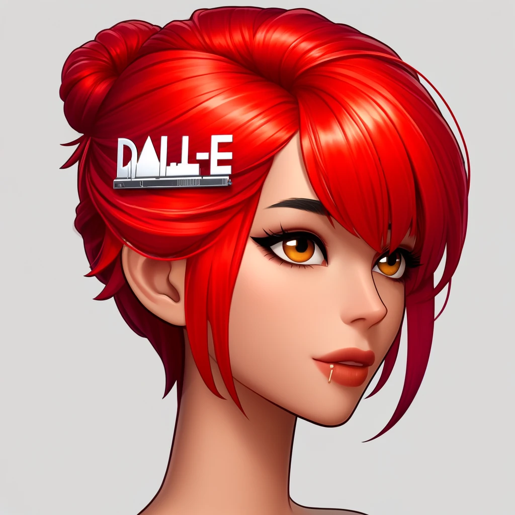 赤色の髪のアクセサリーにDALL-Eと書いてあるヘアピンがついている。このような画像を生成できることを表現している。