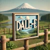 この画像は、遠くに富士山がそびえる風景の中、前景に「DALL-E」と書かれた看板が立っているシーンを描写しています。富士山は雪を頂いた美しい山で、手前には豊かな緑の草原や木々、川が流れる自然の風景が広がっています。看板は木製の柵に取り付けられており、周囲の自然景観と調和しています。このシーンは非常にリアルに描かれており、DALL-Eの能力を示すものとして、自然と人工の要素がうまく組み合わされています。