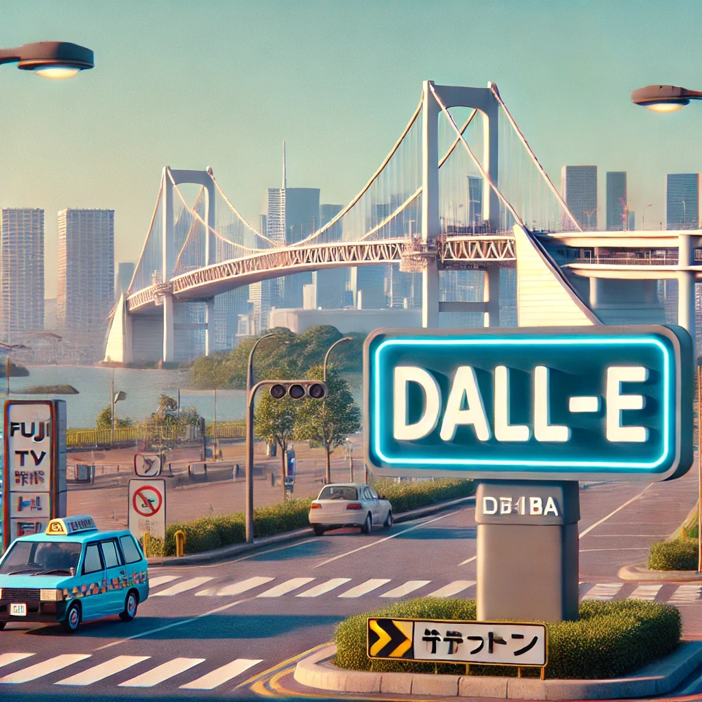 この画像は、東京の景観を背景にしており、手前には「DALL-E」と書かれたネオンサインが目立っています。背景には、レインボーブリッジがそびえ立ち、その奥には高層ビルが連なっています。さらに、フジテレビの建物も確認でき、東京湾エリアの代表的な風景を描いています。道路にはタクシーや自動車が走っており、都市の活気を感じさせます。全体として、現代的で活気あふれる東京の街並みをリアルに表現した画像です。