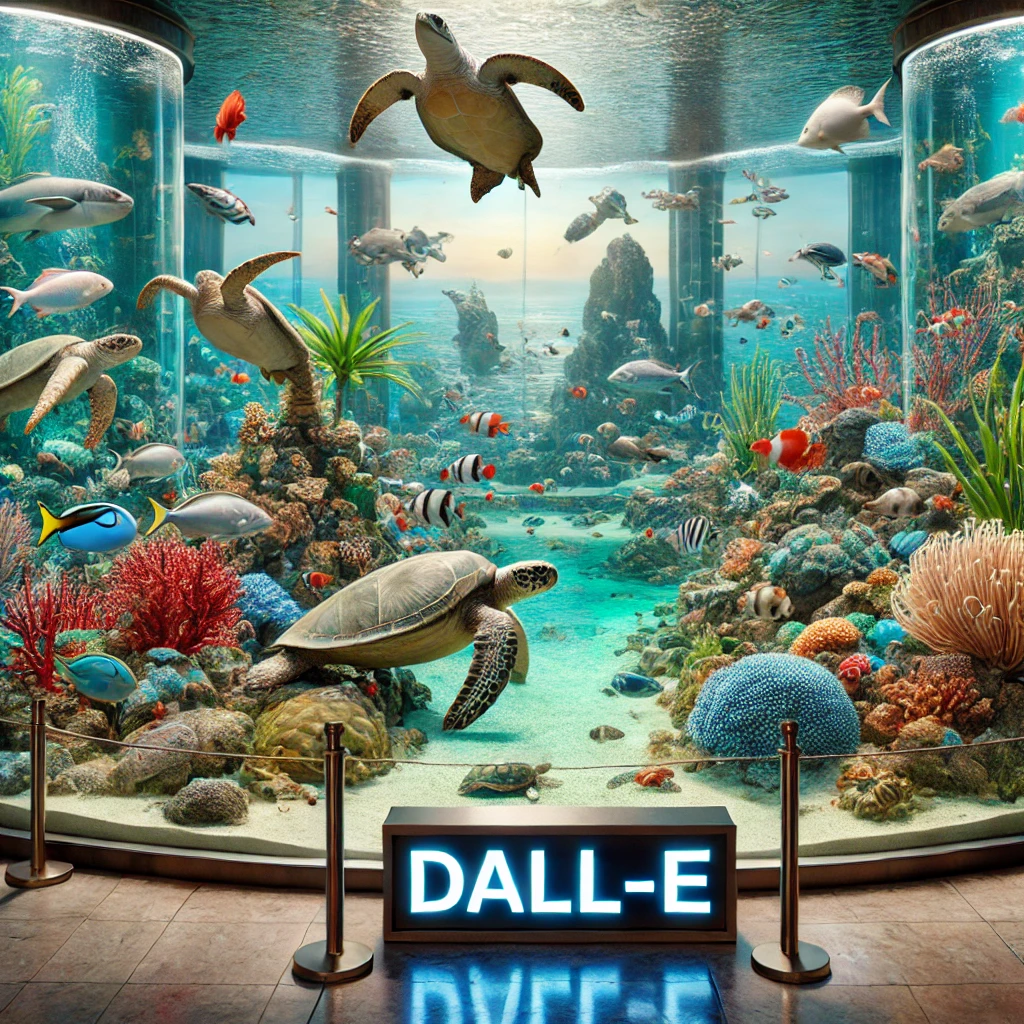 この画像は、水族館の内部を描いており、様々な種類の海洋生物が生息する美しいシーンを映し出しています。中央には「DALL-E」と書かれたネオンの看板が置かれており、訪れる人々を迎えています。 水槽の中には、多種多様な魚たちが泳ぎ回り、鮮やかなサンゴ礁や海藻が彩りを添えています。特に目を引くのは、数匹のウミガメが優雅に泳いでいる姿です。ウミガメたちは大きく、しっかりとした甲羅を持ち、ゆったりとした動きで水中を移動しています。 背景には、クリアな青い水とリアルな海底の風景が広がり、観客にまるで実際の海の中にいるかのような錯覚を与えます。カラフルな魚たちが群れを成して泳ぎ、クマノミや熱帯魚などがサンゴ礁の間を行き来しています。赤や青、黄色など、多彩な色のサンゴや海草が水槽全体に散りばめられ、鮮やかなビジュアルを提供しています。 この水族館のシーンは、海洋生物の多様性と美しさを強調し、訪れる人々に自然の驚異を感じさせます。全体として、非常にリアルで魅力的な海中の世界が広がっており、見る人に癒しと感動を与える画像です。