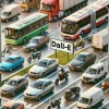 この画像には、多種多様な車両が行き交う忙しい都市の道路が描かれています。画像の中心には「DALL-E」と書かれた看板が立っており、その周囲には自動車、バイク、自転車、バス、トラックなど、さまざまな交通手段が混在しています。 自動車は様々な色と形状があり、青、銀、灰色などの色が目立ちます。特にBMWなどの高級車が多く見られます。バイクも複数あり、スポーツバイクやスクーターが確認できます。バスは緑色と赤白のデザインのものが見られ、多くの乗客を運んでいます。さらに、トラックやバンなどの商用車も描かれており、交通の多様性が際立っています。 道路は複数車線にわたっており、車両が密集していることから、交通量が非常に多いことがわかります。背景には都市の建物やインフラが見え、都市生活の喧騒と活気を感じさせるシーンとなっています。全体として、この画像は現代の都市交通の複雑さとダイナミズムをよく表現しています。