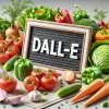 この画像には、多種多様な野菜が美しく並べられています。画像の中央には「DALL-E」と書かれた黒板が置かれており、その周囲を色鮮やかな野菜が取り囲んでいます。 並べられている野菜には、赤くて新鮮なトマト、緑や赤のパプリカ、鮮やかなオレンジ色のニンジン、緑豊かなレタス、丸いキャベツ、きゅうり、にんにく、玉ねぎ、赤玉ねぎなどが含まれています。これらの野菜は、各々が持つ鮮やかな色合いと新鮮さを強調して描かれています。 背景はシンプルで、野菜の色彩が際立つように設計されています。全体として、この画像は新鮮で健康的な野菜の美しさと豊かさを強調しており、見る人に食欲をそそるとともに、健康的な食生活の重要性を感じさせるシーンです。